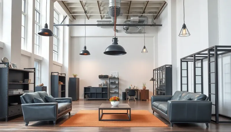 Industrial metal light fixtures and steel furniture in modern loft setting