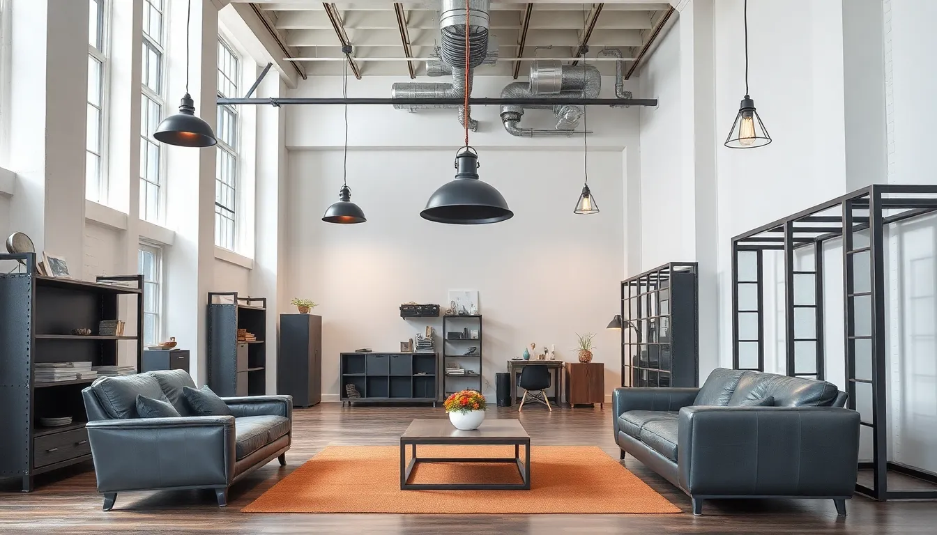 Industrial metal light fixtures and steel furniture in modern loft setting