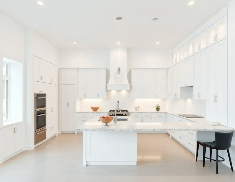 Minimalist open-concept kitchen with white cabinetry and large island