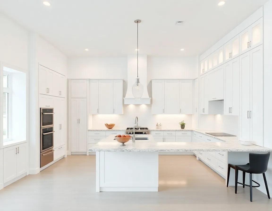 Minimalist open-concept kitchen with white cabinetry and large island