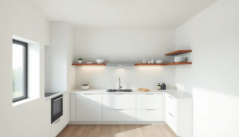 Sleek single-wall kitchen with integrated appliances, floating shelves, and a minimalist design