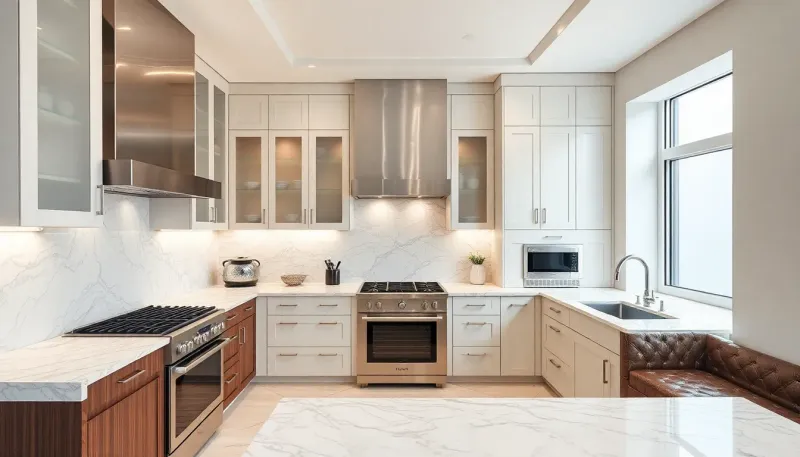 Luxurious U-shaped kitchen with marble countertops, custom cabinetry, and professional-grade appliances