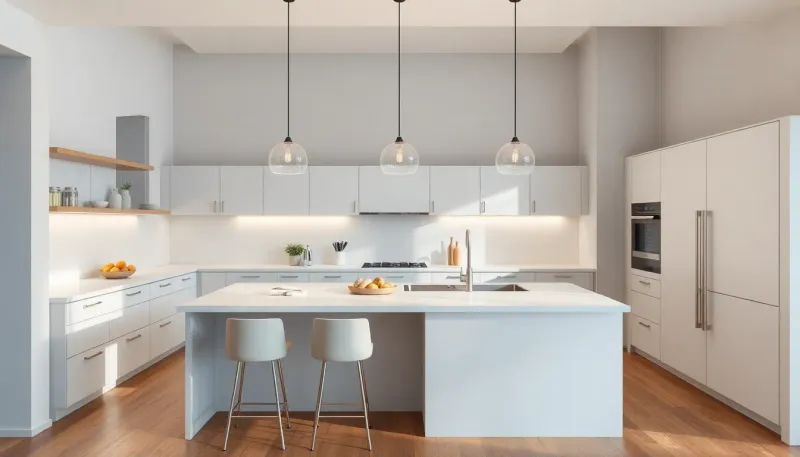 Contemporary peninsula kitchen with breakfast bar seating and pendant lighting over the extended counter