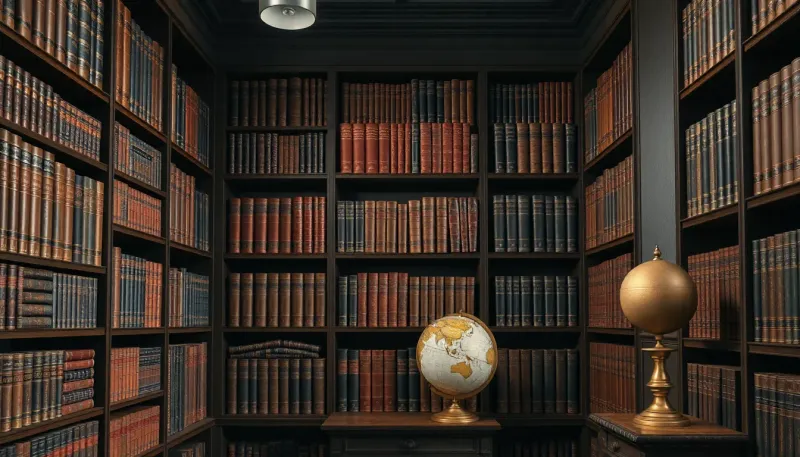 Floor-to-ceiling vintage bookshelf filled with leather-bound books, antique globe, and brass accents in a dark academia styled corner