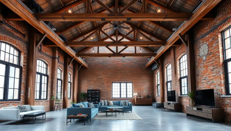 Spacious industrial loft with exposed beams, brick walls, and modern furniture
