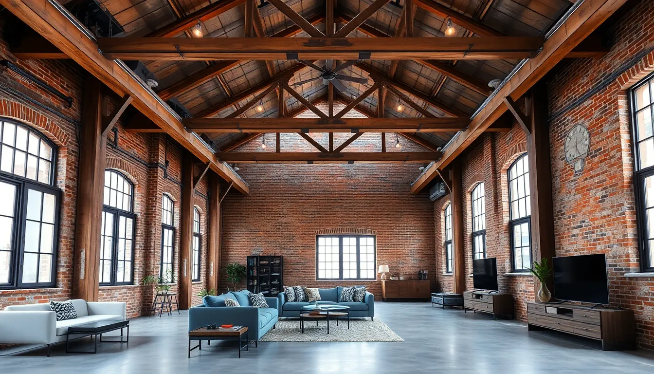 Spacious industrial loft with exposed beams, brick walls, and modern furniture
