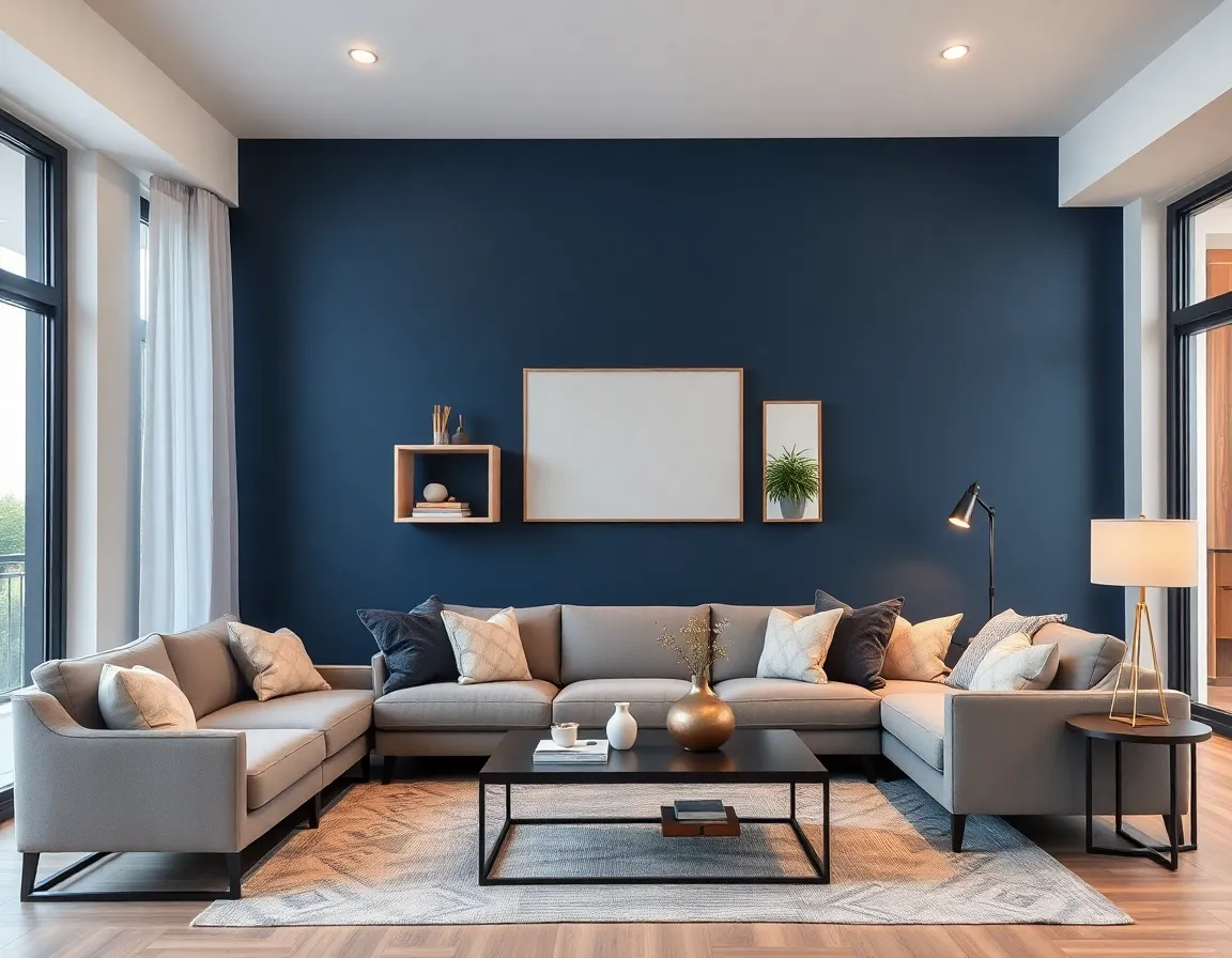 Modern living room featuring a bold navy blue accent wall with geometric shelving