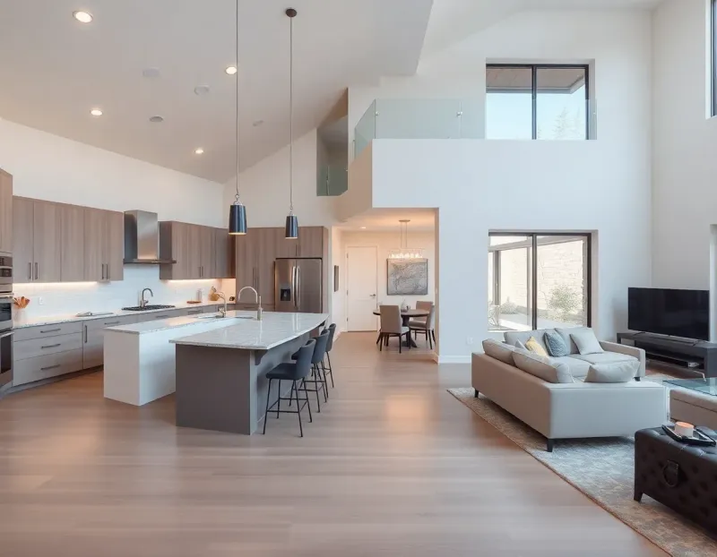 Modern open floor plan with seamless flow between kitchen and living areas in a two-story house
