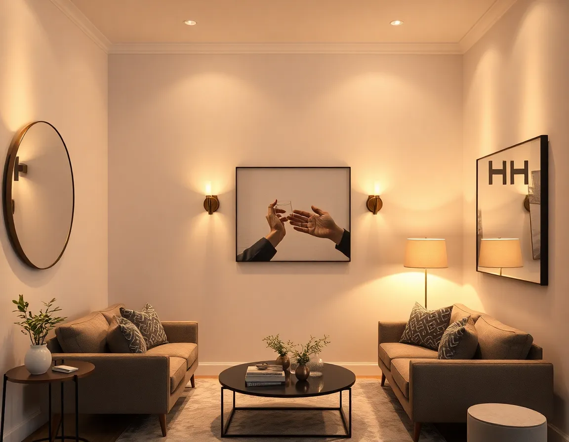 Layered lighting design in a small living room with strategically placed mirrors and wall sconces