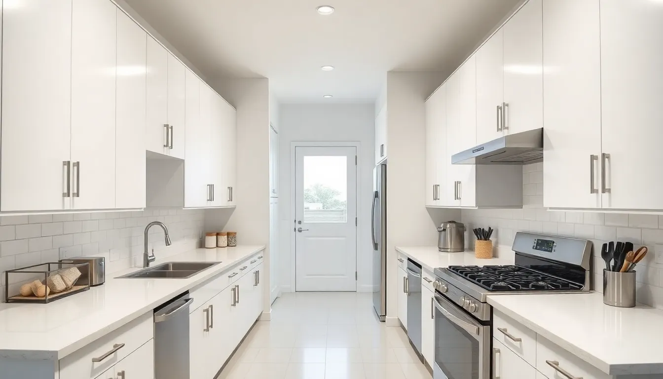 Efficient galley kitchen with white cabinets, stainless steel appliances, and a narrow walkway between parallel counters