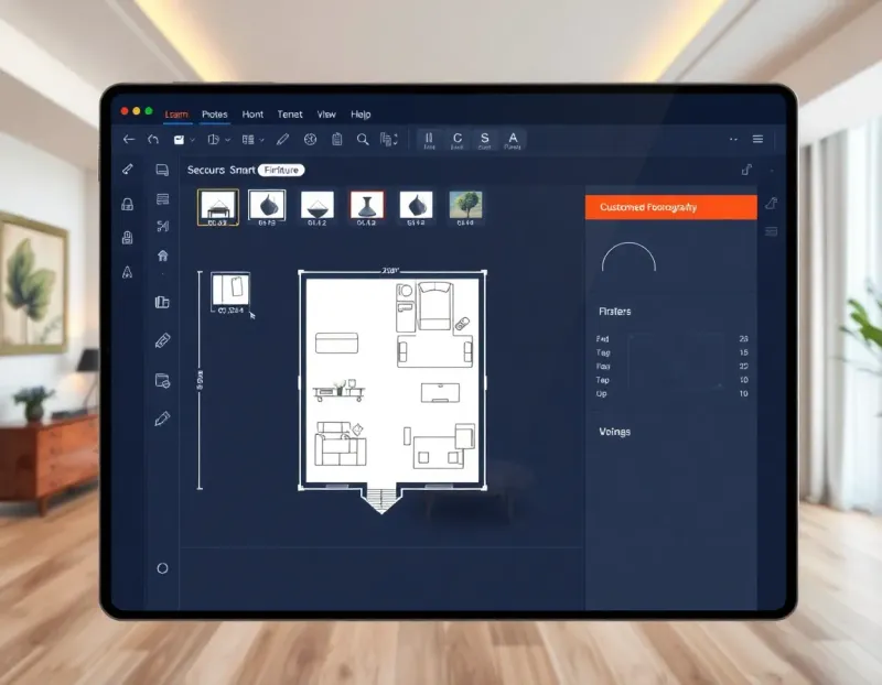 SmartDraw interface showing a floor plan template being customized with furniture and dimensions