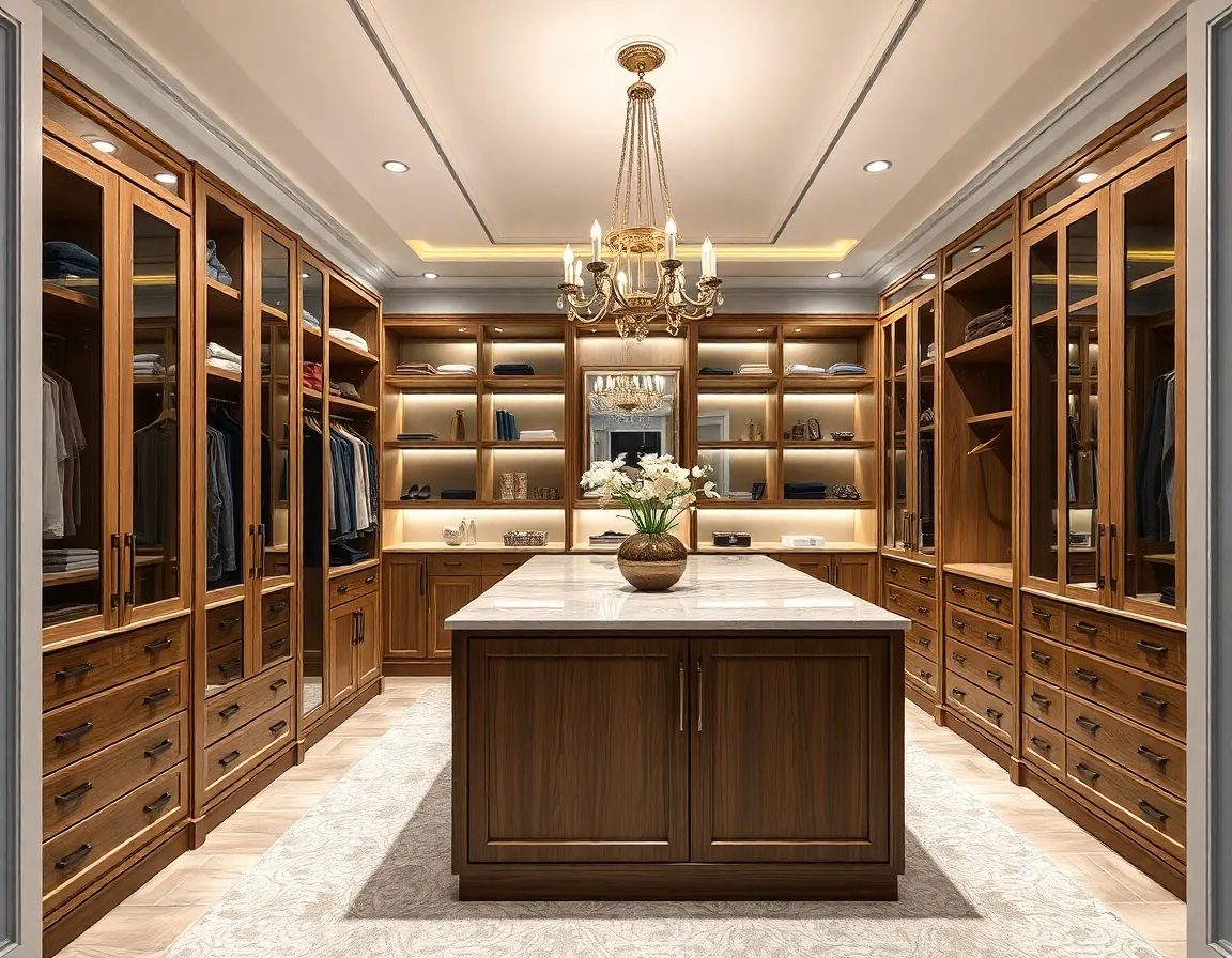Luxury walk-in closet with center island, chandelier, and premium finishes