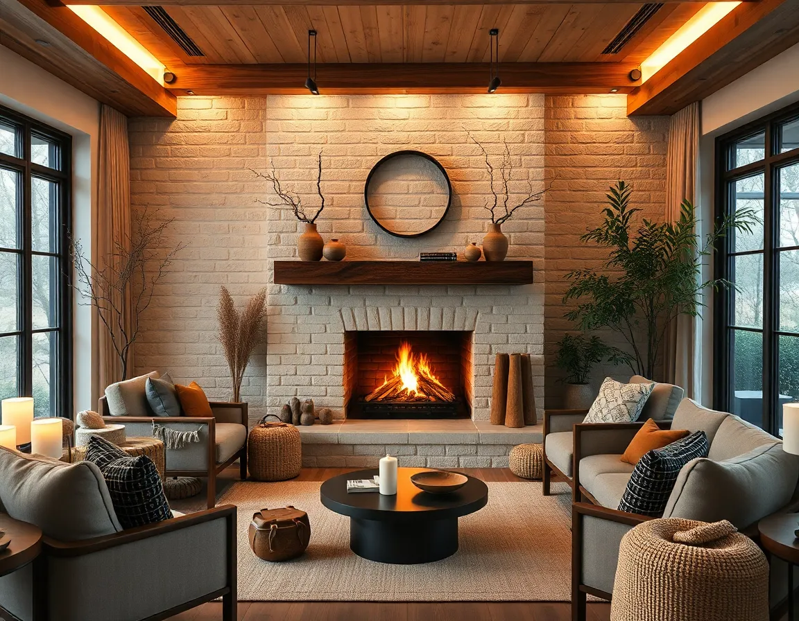 A hygge-inspired fireplace area with warm lighting, comfortable seating, and natural decor elements