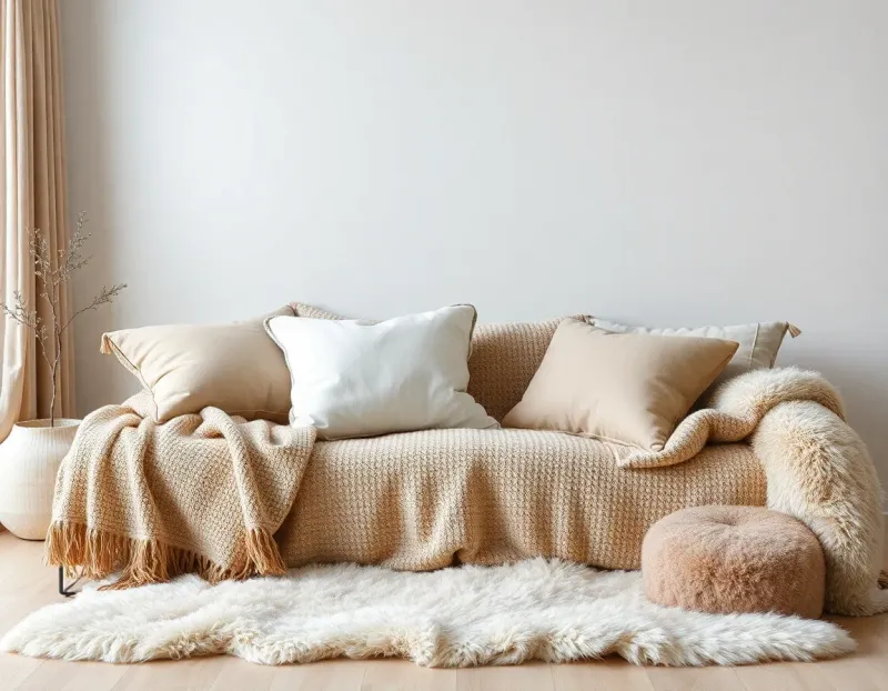 A collection of layered soft textiles including throws, pillows, and sheepskin rugs in natural colors