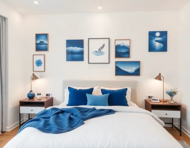 Serene bedroom with white walls and various blue accents including bedding, artwork, and decorative elements