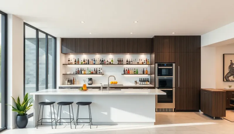 Contemporary home bar featuring clean lines, stainless steel appliances, and minimalist design elements