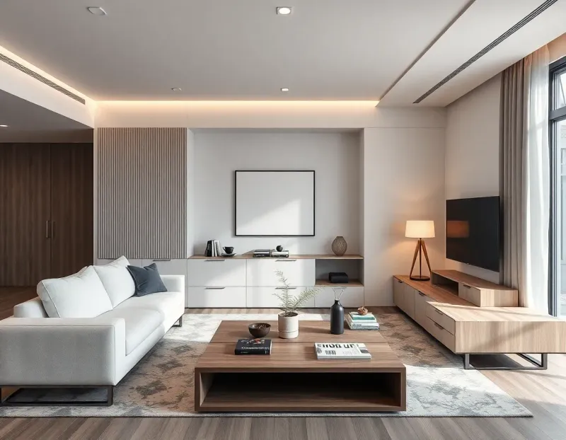 Minimalist living room featuring multi-functional furniture with clean lines and strategic storage solutions