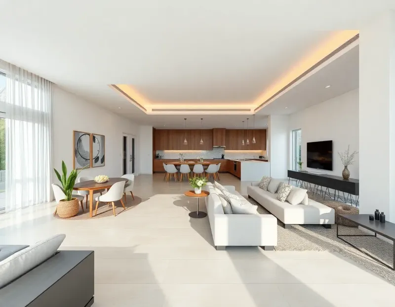 Amplia zona común en casa de una planta con sala, comedor y cocina integrados