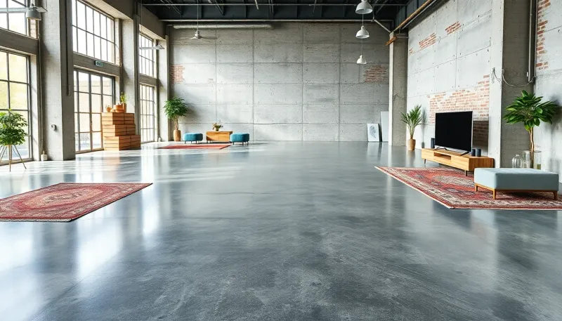 Polished concrete floor in modern industrial living space with area rugs