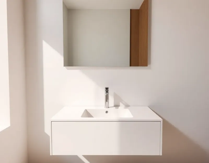 Modern wall-mounted floating vanity with undermount sink and minimalist faucet