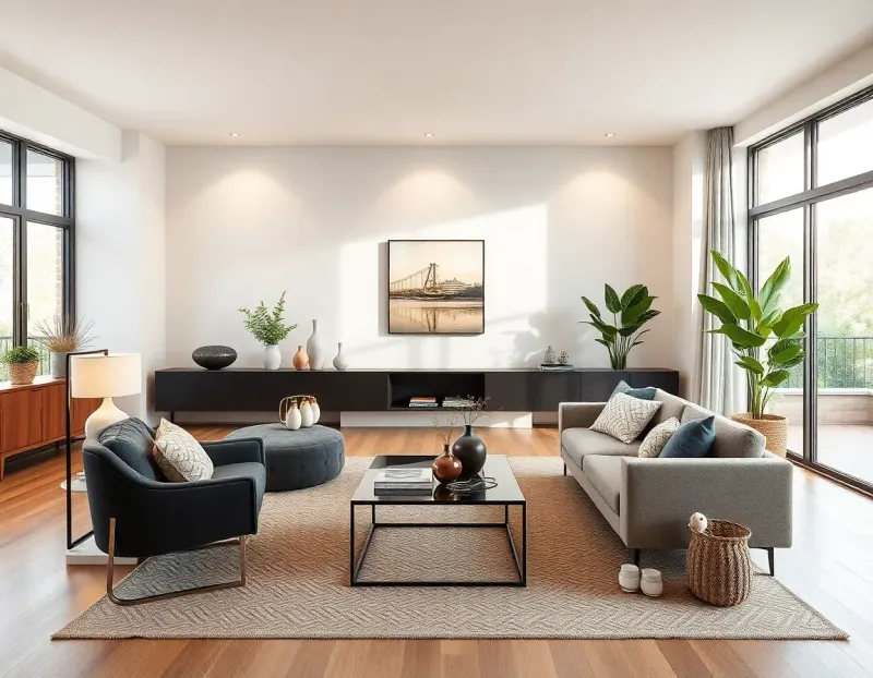 Stylish modern living room with balanced decor elements and natural light