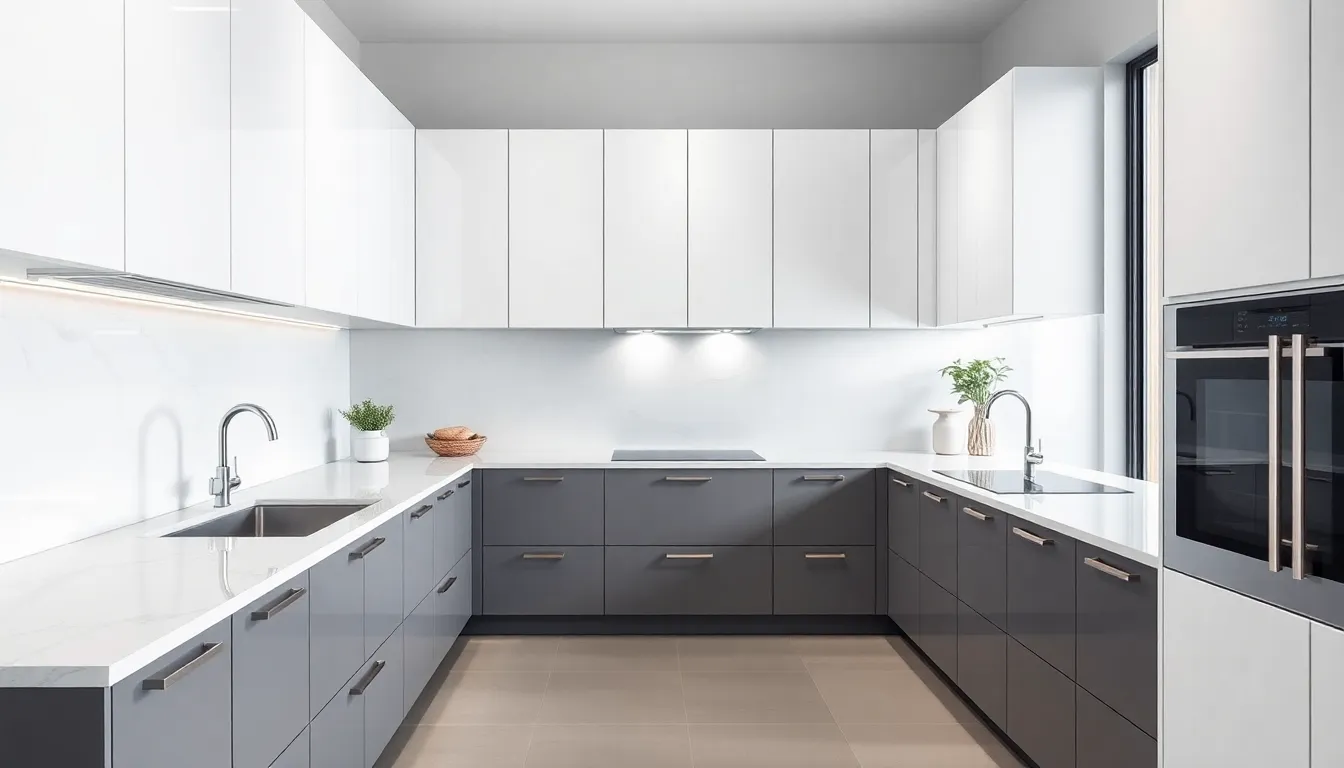 Ultra-modern kitchen with handleless cabinets, quartz countertops, and integrated appliances