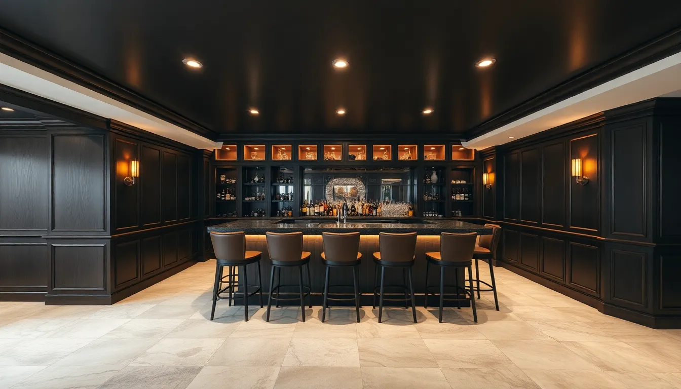 Sophisticated basement bar with dark wood cabinetry, leather bar stools, and warm ambient lighting