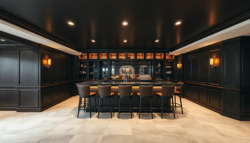 Sophisticated basement bar with dark wood cabinetry, leather bar stools, and warm ambient lighting