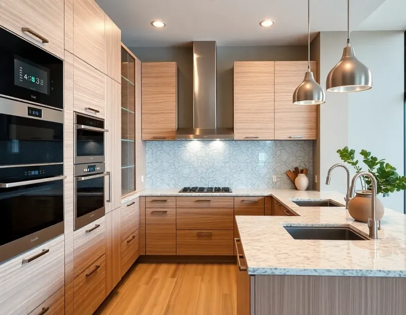 Modern kitchen with streamlined cabinetry, integrated appliances, and ergonomic workspace featuring natural materials