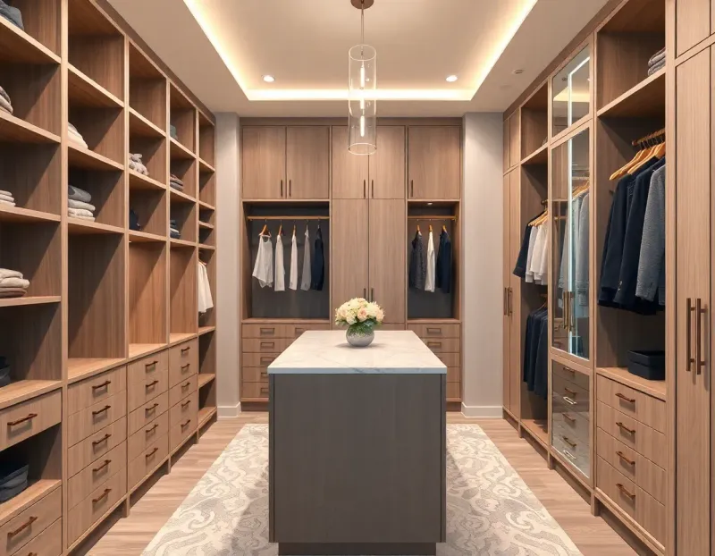 Elegant walk-in closet with custom shelving, hanging space, and island