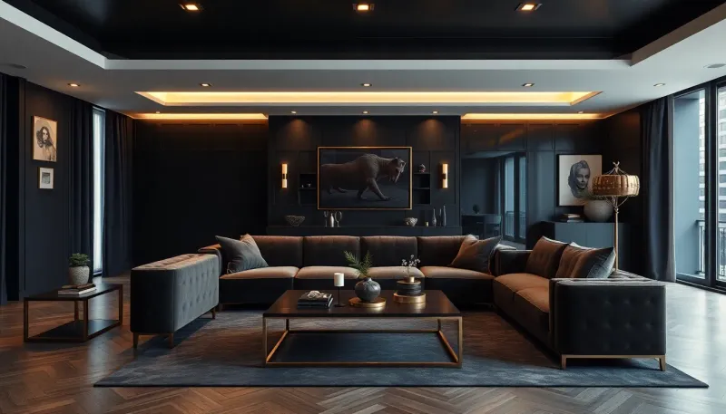 Sophisticated dark living room with velvet sofa, brass accents, and layered ambient lighting