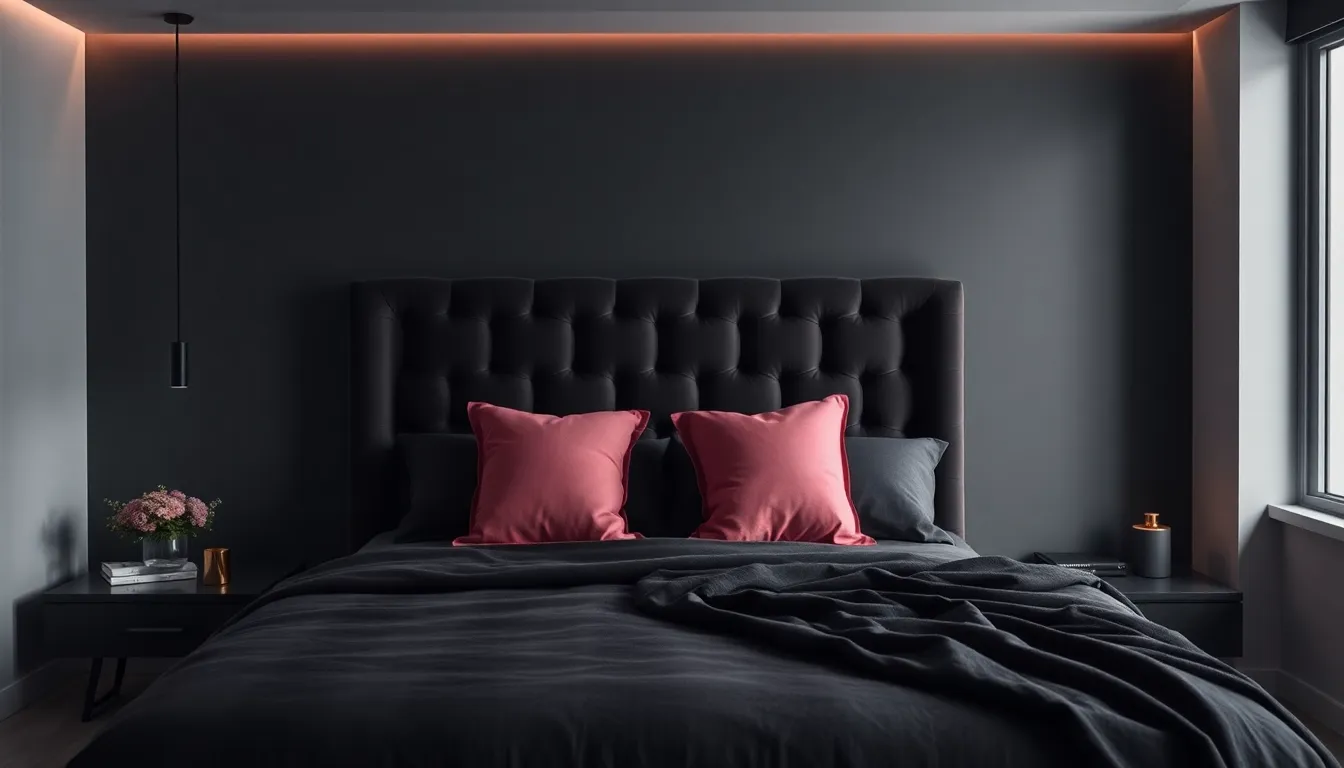 Dark and moody bedroom with velvet headboard, pink throw pillows, and soft ambient lighting