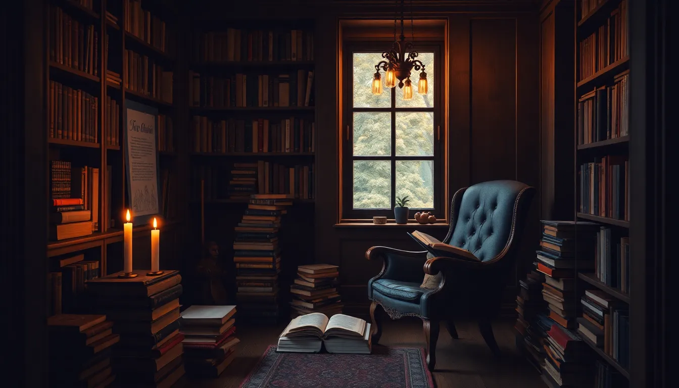 Cozy dark academia reading nook with vintage armchair, stacked books, and warm candlelight creating an intimate scholarly atmosphere