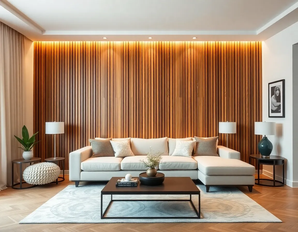 Cozy living room with a warm wooden slat accent wall behind a modern sofa