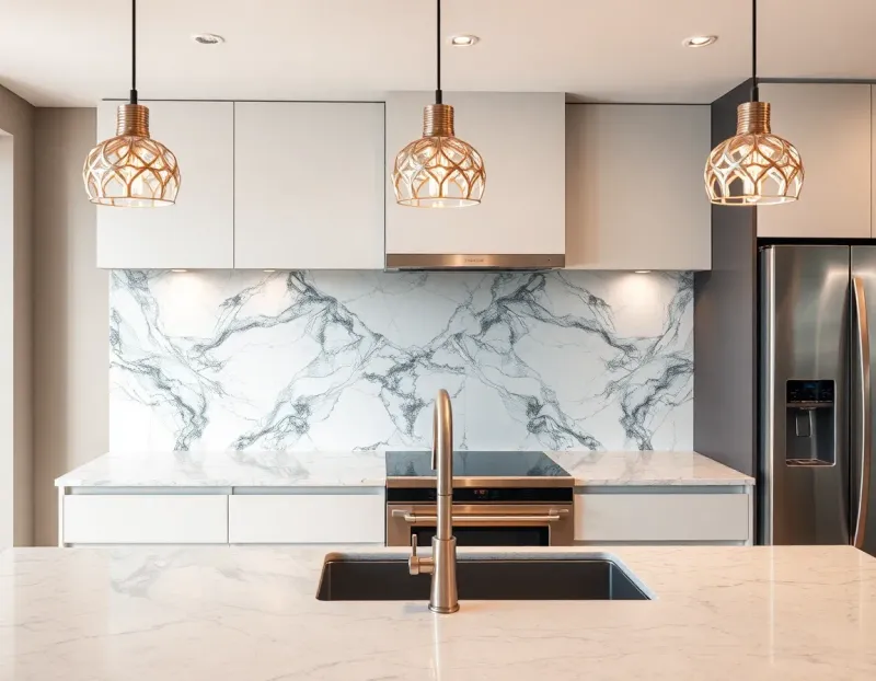 Modern kitchen with a stunning backsplash featuring marble and geometric patterns