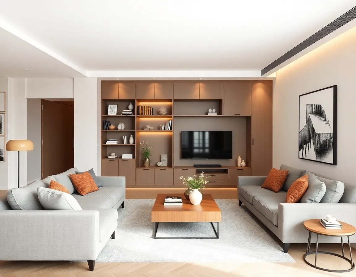 Clever storage solutions in a compact living room with floating furniture arrangement