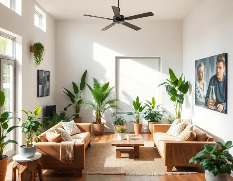 Sustainable interior featuring reclaimed wood furniture, energy-efficient lighting, and indoor plants that purify air