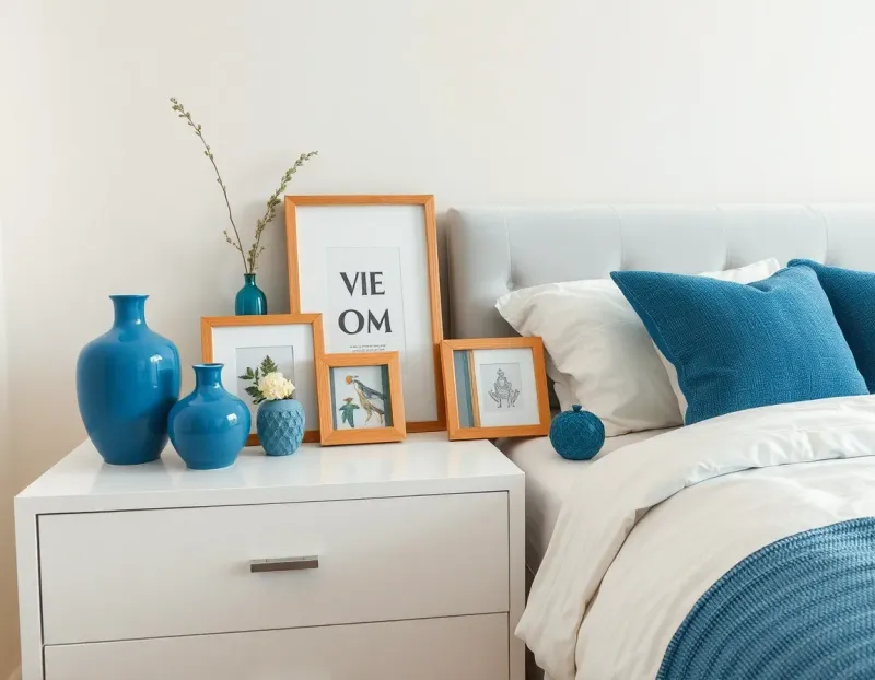 Close-up of white bedroom dresser styled with various blue accessories including vases, picture frames, and decorative objects