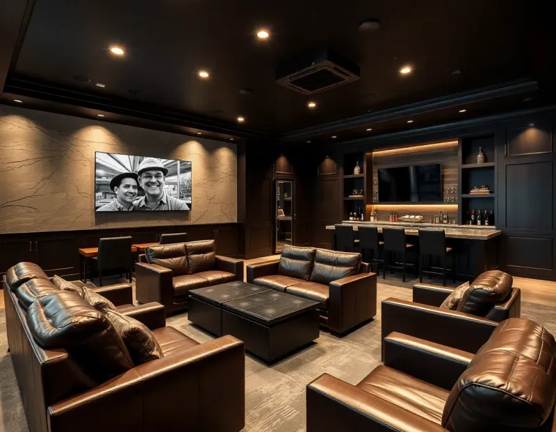 Luxurious man cave with leather seating, entertainment center, and bar area