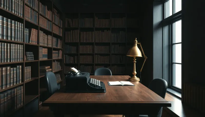 Dark academia workspace featuring a wooden desk with vintage typewriter, brass lamp, and walls lined with leather-bound books in moody lighting