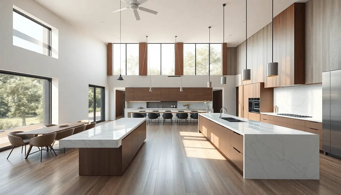 Expansive open concept kitchen flowing into living area with large island and modern finishes