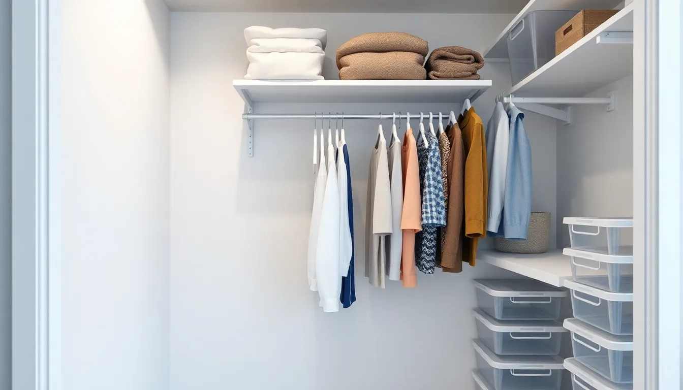 Organized dorm closet with hanging shelves, slim hangers, and clear storage bins