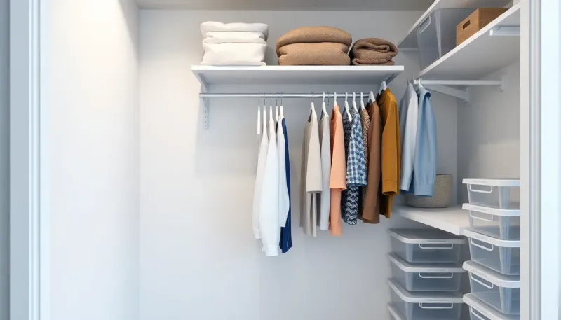 Organized dorm closet with hanging shelves, slim hangers, and clear storage bins