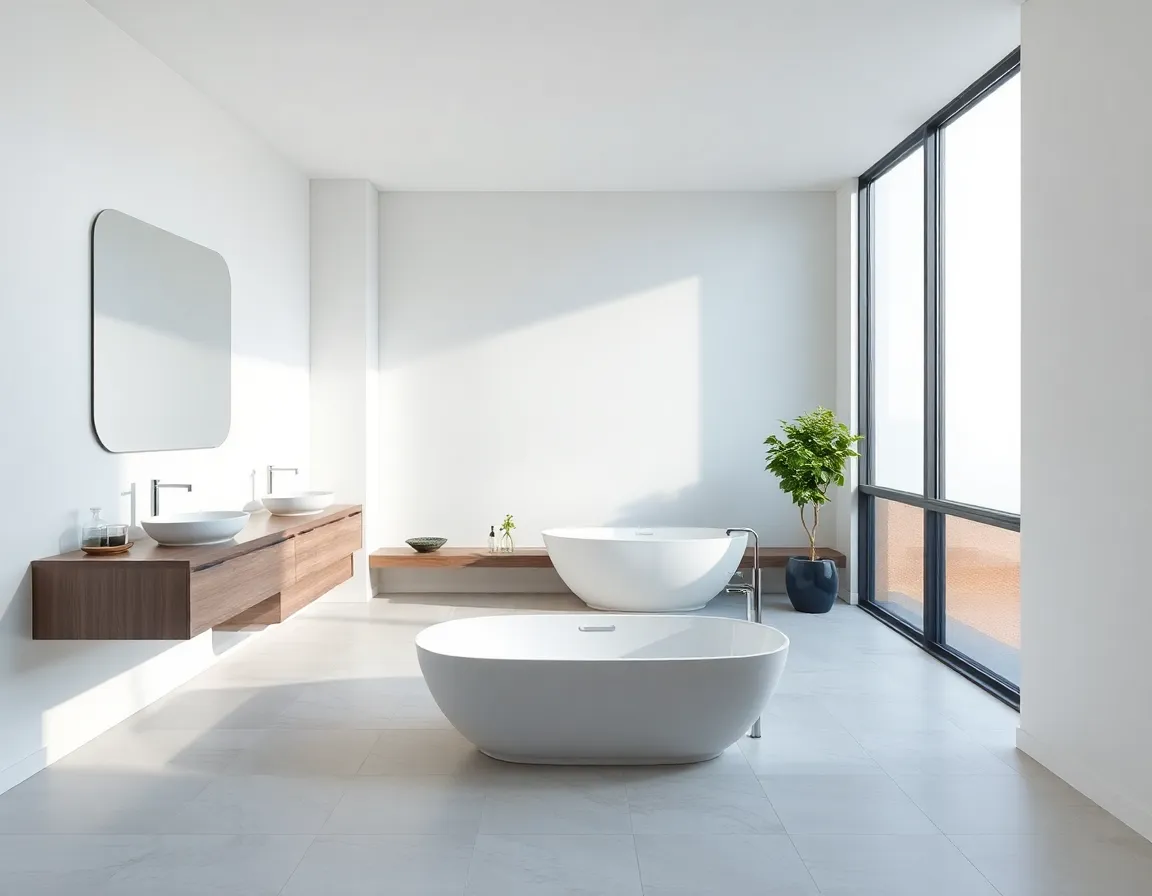Sleek modern minimalist bathroom with floating vanity, freestanding tub, and large window