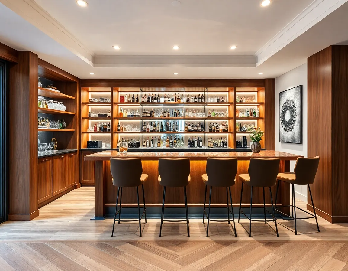Elegant home bar with wood accents, bar stools, and well-stocked shelving