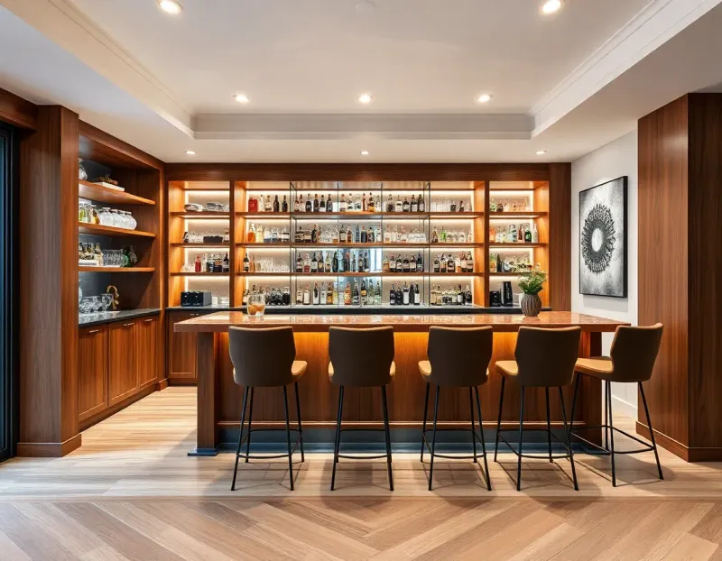 Elegant home bar with wood accents, bar stools, and well-stocked shelving