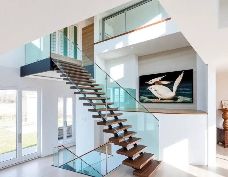 Modern floating staircase with glass railings serving as a focal point in a two story house