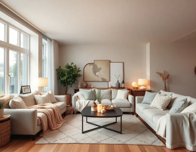 A cozy living room with soft blankets, warm lighting, and natural elements embodying hygge principles
