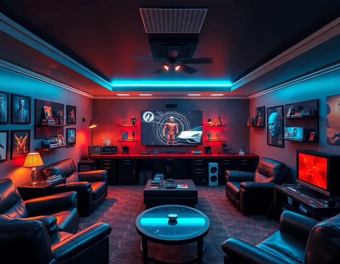 Sci-fi themed man cave with custom lighting and collectible displays