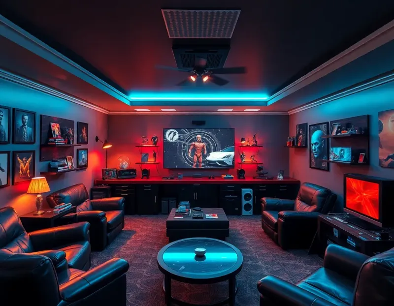 Sci-fi themed man cave with custom lighting and collectible displays